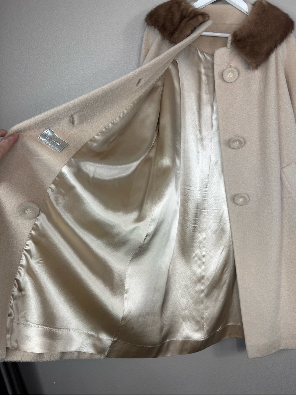 Forstmann tan Wool Penny Lane Coat Real Mink Fur Trim - Picture 16 of 16